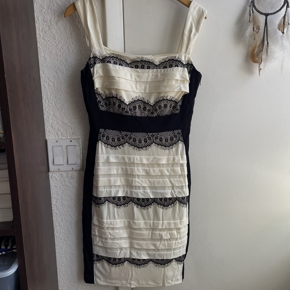 Cream and Black Tiered Sheath Mini Dress